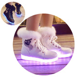 2016 New Luminous Shoes Women High Top Rabbit Fur Quilted Boots USB Rechargeable Led Shoes Black Winter Snow Shoes