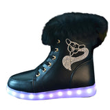 2016 New Luminous Shoes Women High Top Rabbit Fur Quilted Boots USB Rechargeable Led Shoes Black Winter Snow Shoes