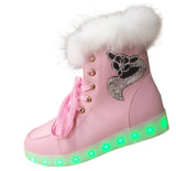 2016 New Luminous Shoes Women High Top Rabbit Fur Quilted Boots USB Rechargeable Led Shoes Black Winter Snow Shoes