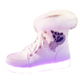 2016 New Luminous Shoes Women High Top Rabbit Fur Quilted Boots USB Rechargeable Led Shoes Black Winter Snow Shoes